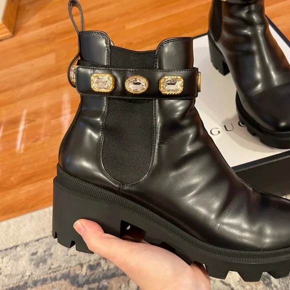 Gucci Women's Black Ankle Boots with Gold Accents - Picture 2 of 16